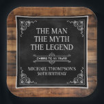 Rustic Man Myth Legend 50th Birthday Black  Paper Plate<br><div class="desc">He IS The Man The Myth The LEGEND! His life has been an amazing adventure and it's time to celebrate his legacy and him. This rustic wood backed textured black paper with white type and white scrolled corners 50th Birthday 9" square paper plates are perfect for honouring and celebrating this...</div>