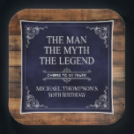Rustic Man Myth Legend 50th Birthday Navy Blue  Paper Plate<br><div class="desc">He IS The Man The Myth The LEGEND! His life has been an amazing adventure and it's time to celebrate his legacy and him. This rustic wood backed textured navy blue paper with white type and white scrolled corners 50th Birthday 9" square paper plates are perfect for honouring and celebrating...</div>