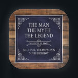 Rustic Man Myth Legend 50th Birthday Navy Blue  Paper Plate<br><div class="desc">He IS The Man The Myth The LEGEND! His life has been an amazing adventure and it's time to celebrate his legacy and him. This rustic wood backed textured navy blue paper with white type and white scrolled corners 50th Birthday 7" square paper plates are perfect for honouring and celebrating...</div>