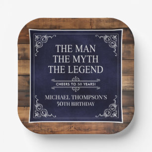 Rustic Man Myth Legend 50th Birthday Navy Blue  Paper Plate