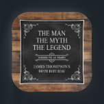 Rustic Man Myth Legend 60th Birthday Black  Paper Plate<br><div class="desc">He IS The Man The Myth The LEGEND! His life has been an amazing adventure and it's time to celebrate his legacy and him. This rustic wood backed textured black paper with white type and white scrolled corners 60th Birthday 7" square paper plates are perfect for honouring and celebrating this...</div>
