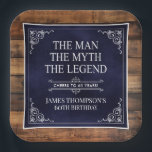 Rustic Man Myth Legend 60th Birthday Navy Blue  Paper Plate<br><div class="desc">He IS The Man The Myth The LEGEND! His life has been an amazing adventure and it's time to celebrate his legacy and him. This rustic wood backed textured navy blue paper with white type and white scrolled corners 60th Birthday 9" square paper plates are perfect for honouring and celebrating...</div>