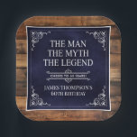Rustic Man Myth Legend 60th Birthday Navy Blue  Paper Plate<br><div class="desc">He IS The Man The Myth The LEGEND! His life has been an amazing adventure and it's time to celebrate his legacy and him. This rustic wood backed textured navy blue paper with white type and white scrolled corners 60th Birthday 7" square paper plates are perfect for honouring and celebrating...</div>