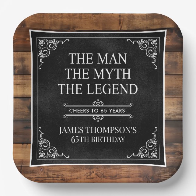 Rustic Man Myth Legend 65th Birthday Black  Paper Plate (Front)