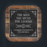 Rustic Man Myth Legend 70th Birthday Black  Paper Plate<br><div class="desc">He IS The Man The Myth The LEGEND! His life has been an amazing adventure and it's time to celebrate his legacy and him. This rustic wood backed textured black paper with white type and white scrolled corners 70th Birthday 7" square paper plates are perfect for honouring and celebrating this...</div>