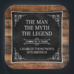 Rustic Man Myth Legend 70th Birthday Black  Paper Plate<br><div class="desc">He IS The Man The Myth The LEGEND! His life has been an amazing adventure and it's time to celebrate his legacy and him. This rustic wood backed textured black paper with white type and white scrolled corners 70th Birthday 9" square paper plates are perfect for honouring and celebrating this...</div>