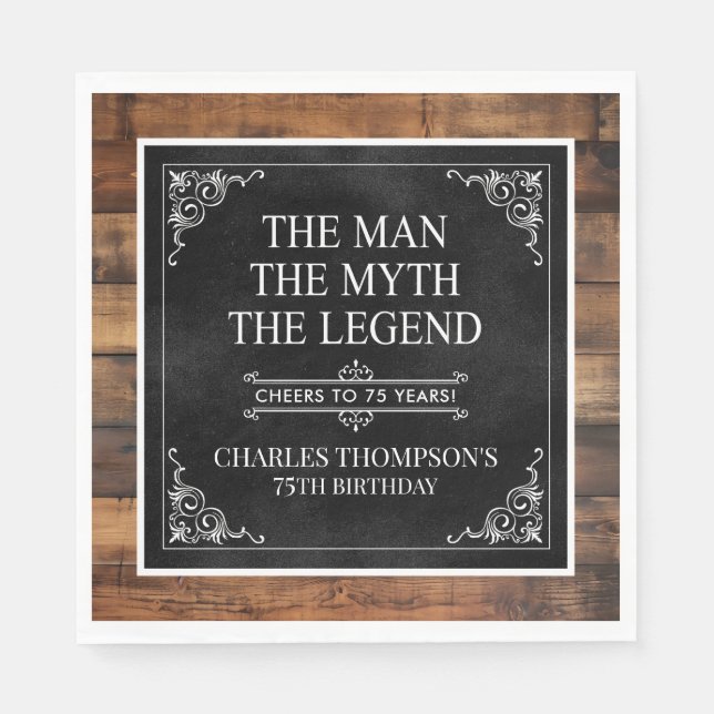 Rustic Man Myth Legend 75th Birthday Black  Napkin (Front)