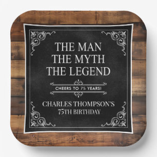 Rustic Man Myth Legend 75th Birthday Black  Paper Plate