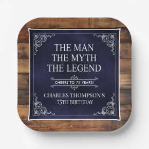 Rustic Man Myth Legend 75th Birthday Navy Blue  Paper Plate