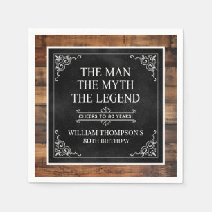 Rustic Man Myth Legend 80th Birthday Black Napkin