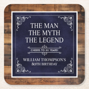 Rustic Man Myth Legend 80th Birthday Navy Blue Square Paper Coaster