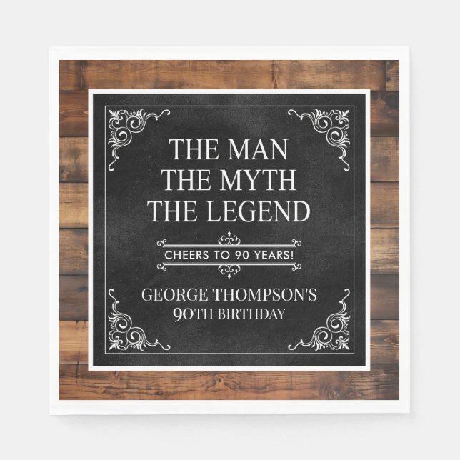 Rustic Man Myth Legend 90th Birthday Black  Napkin (Front)