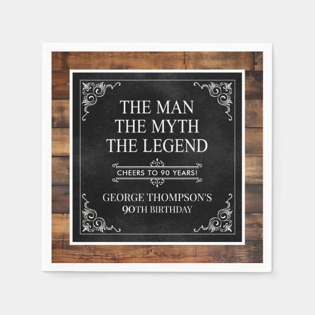 Rustic Man Myth Legend 90th Birthday Black  Napkin (Front)