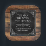 Rustic Man Myth Legend 90th Birthday Black  Paper Plate<br><div class="desc">He IS The Man The Myth The LEGEND! His life has been an amazing adventure and it's time to celebrate his legacy and him. This rustic wood backed textured black paper with white type and white scrolled corners 90th Birthday 7" square paper plates are perfect for honouring and celebrating this...</div>