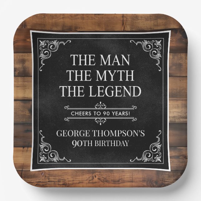 Rustic Man Myth Legend 90th Birthday Black  Paper Plate (Front)