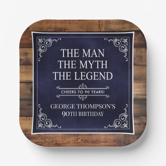 Rustic Man Myth Legend 90th Birthday Navy Blue  Paper Plate (Front)