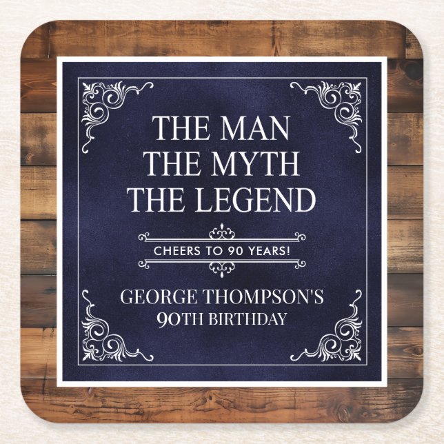 Rustic Man Myth Legend 90th Birthday Navy Blue Square Paper Coaster (Front)