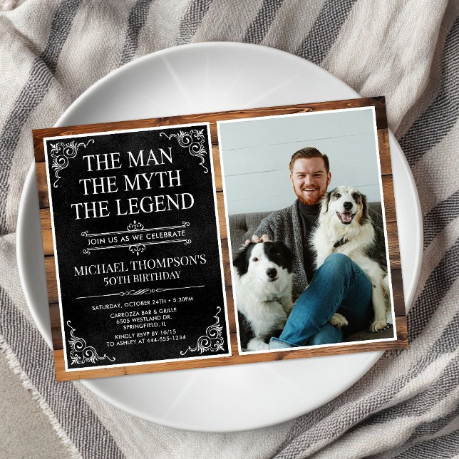 Rustic Man Myth Legend Black 50th Birthday Photo Invitation (Creator Uploaded)
