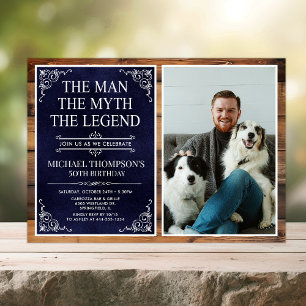 Rustic Man Myth Legend Blue 50th Birthday Photo Invitation