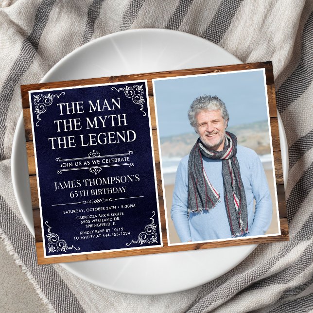 Rustic Man Myth Legend Blue 65th Birthday Photo Invitation (Creator Uploaded)