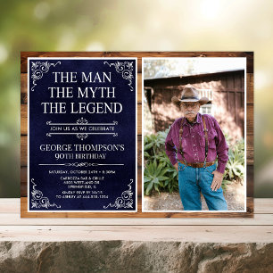 Rustic Man Myth Legend Blue 90th Birthday Photo Invitation