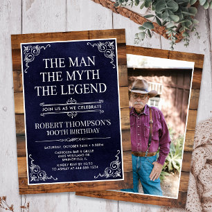 Rustic Man Myth Legend Photo 100th Birthday Invitation