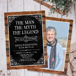 Rustic Man Myth Legend Photo 60th Birthday Invitation<br><div class="desc">He IS The Man The Myth The LEGEND! His life has been an amazing adventure and it's time to celebrate his legacy and him. This rustic wood backed textured black paper with white type and and white scrolled corners 60th Birthday invitation is perfect for inviting friends and family to join...</div>