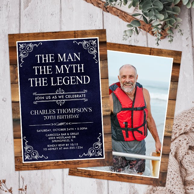Rustic Man Myth Legend Photo 70th Birthday Invitation (Creator Uploaded)