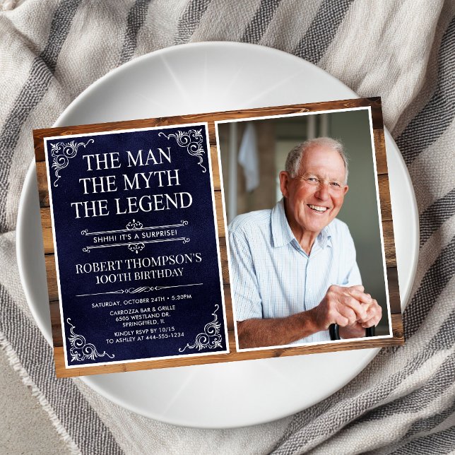 Rustic Man Myth Legend Surprise 100th Birthday Invitation (Creator Uploaded)