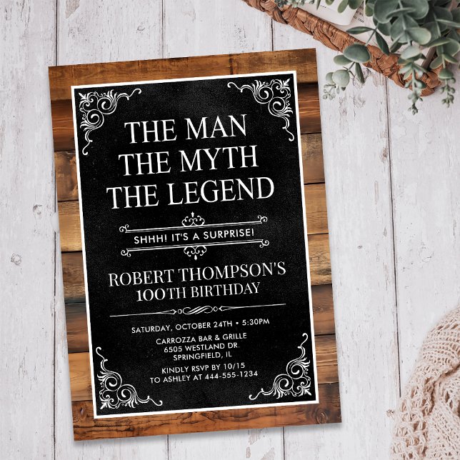 Rustic Man Myth Legend Surprise 100th Birthday Invitation (Creator Uploaded)
