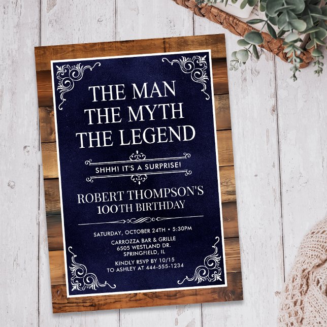 Rustic Man Myth Legend Surprise 100th Birthday Invitation (Creator Uploaded)