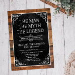 Rustic Man Myth Legend Surprise 50th Birthday Invitation<br><div class="desc">He IS The Man The Myth The LEGEND! His life has been an amazing adventure and it's time to celebrate his legacy and him. This rustic wood backed textured black paper with white type and and white scrolled corners surprise 50th Birthday invitation is perfect for inviting friends and family to...</div>