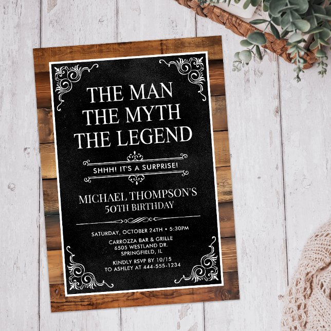 Rustic Man Myth Legend Surprise 50th Birthday Invitation (Creator Uploaded)