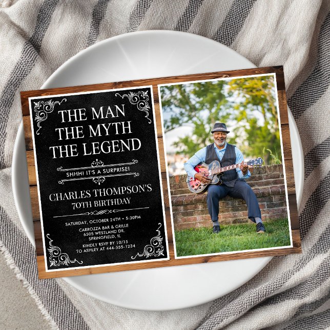Rustic Man Myth Legend Surprise 70th Birthday Invitation (Creator Uploaded)