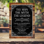 Rustic Man Myth Legend Surprise 70th Birthday Invitation<br><div class="desc">He IS The Man The Myth The LEGEND! His life has been an amazing adventure and it's time to celebrate his legacy and him. This rustic wood backed textured black paper with white type and and white scrolled corners surprise 70th Birthday invitation is perfect for inviting friends and family to...</div>