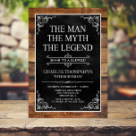 Rustic Man Myth Legend Surprise 80th Birthday Invitation<br><div class="desc">He IS The Man The Myth The LEGEND! His life has been an amazing adventure and it's time to celebrate his legacy and him. This rustic wood backed textured black paper with white type and and white scrolled corners surprise 80th Birthday invitation is perfect for inviting friends and family to...</div>