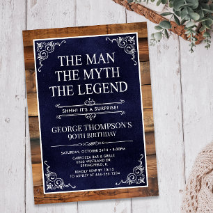 Rustic Man Myth Legend Surprise 90th Birthday Invitation
