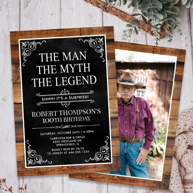 Rustic Man Myth Legend Surprise Photo 100 Birthday Invitation (Creator Uploaded)