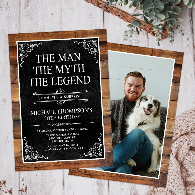 Rustic Man Myth Legend Surprise Photo 50 Birthday Invitation (Creator Uploaded)