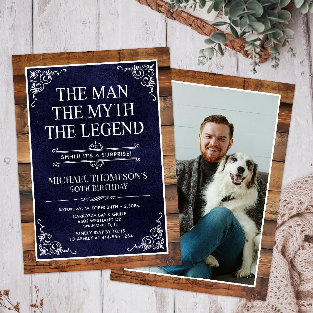 Rustic Man Myth Legend Surprise Photo 50 Birthday Invitation (Creator Uploaded)