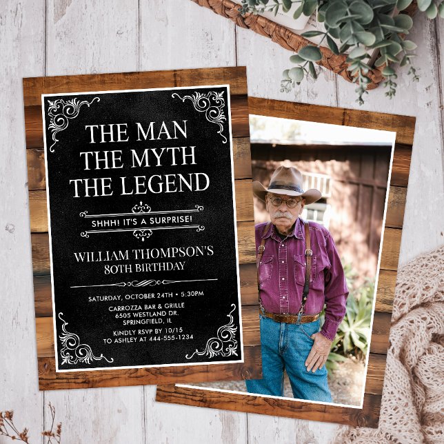 Rustic Man Myth Legend Surprise Photo 80 Birthday Invitation (Creator Uploaded)