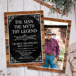 Rustic Man Myth Legend Surprise Photo 90 Birthday Invitation<br><div class="desc">He IS The Man The Myth The LEGEND! His life has been an amazing adventure and it's time to celebrate his legacy and him. This rustic wood backed textured black paper with white type and and white scrolled corners surprise 90th Birthday invitation is perfect for inviting friends and family to...</div>