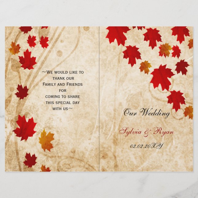 Rustic maple leaves fall  bi fold Wedding program (Front)