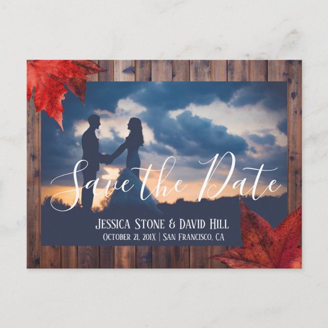 Rustic Maple Leaves Fall Wedding Save the Date Announcement Postcard (Front)