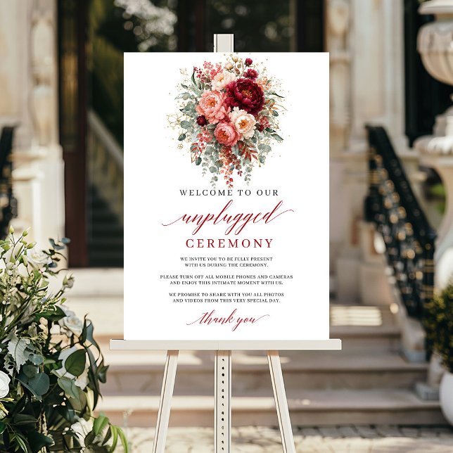 Rustic Maroon Autumn Floral Unplugged Ceremony   Poster (Rustic Maroon Autumn Floral Unplugged Ceremony Sign

)