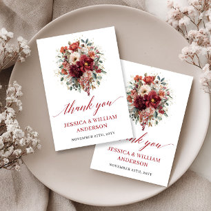 Rustic Maroon Autumn Floral Wedding Thank You Card
