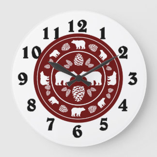 Rustic maroon bear pinecone round clock