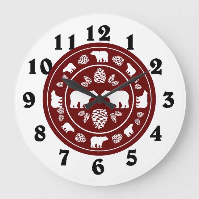 Rustic maroon bear pinecone round clock (Front)