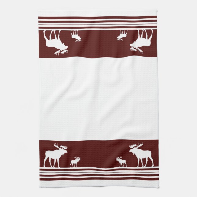 Rustic maroon moose pattern kitchen towel (Vertical)