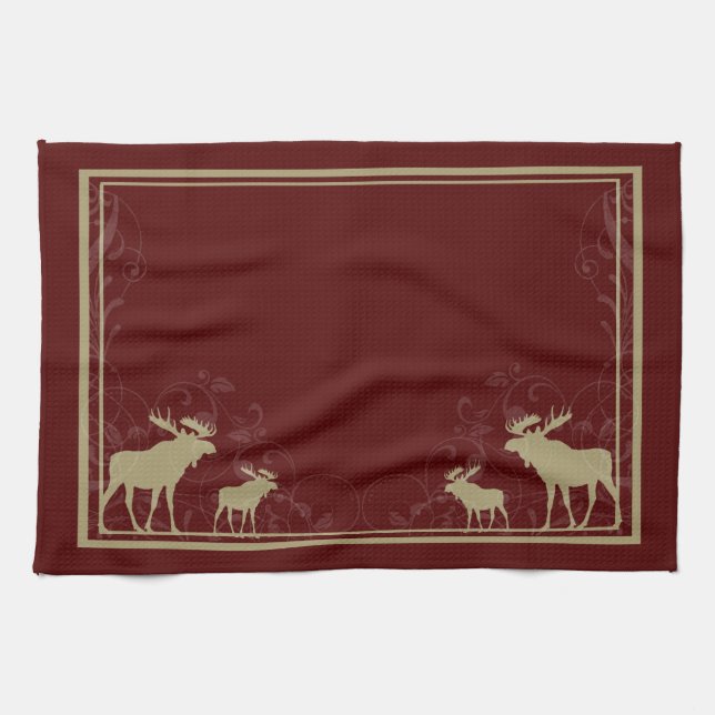 Rustic maroon moose swirl kitchen towel (Horizontal)